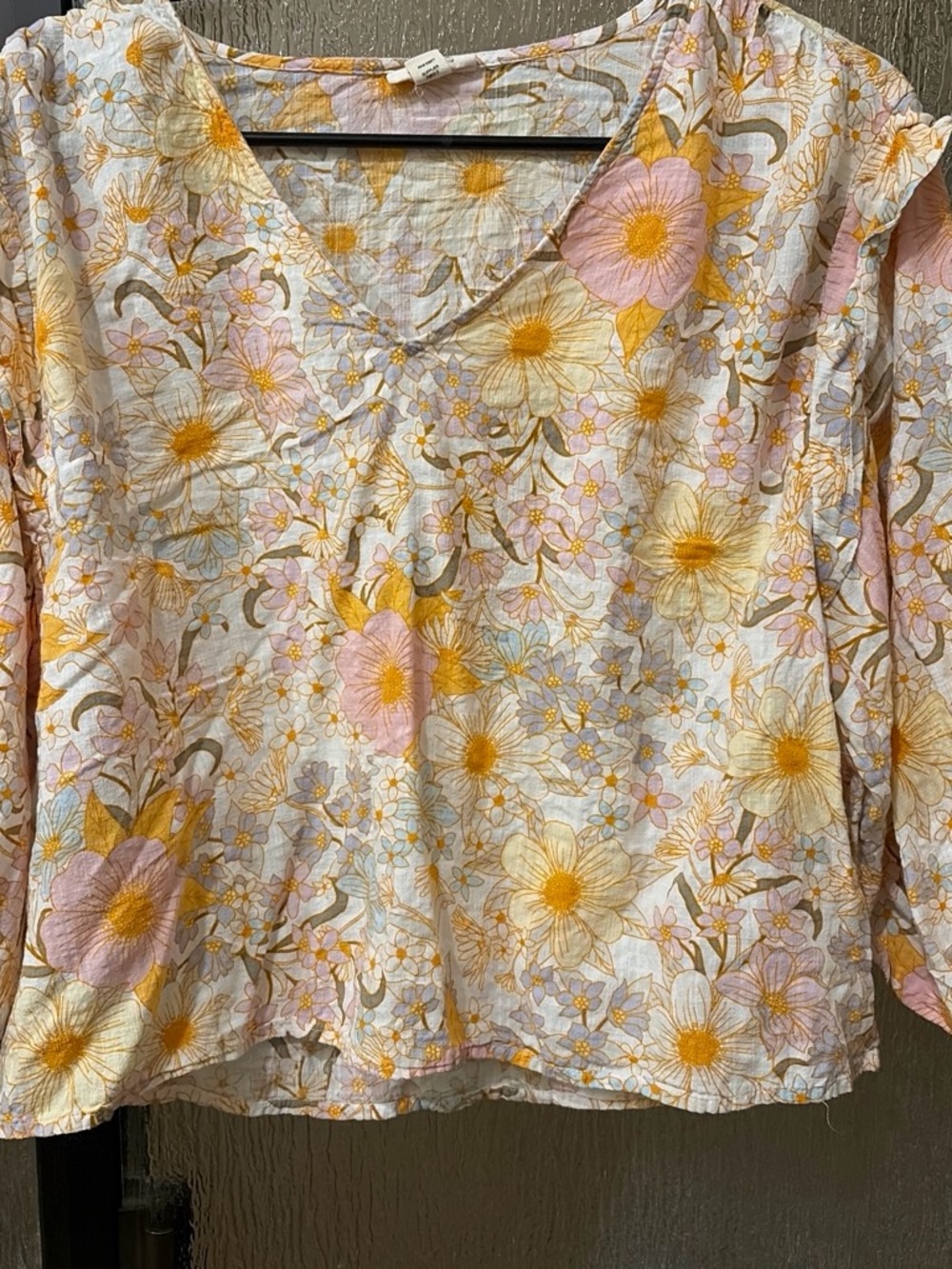 a.n.a Pink & Yellow Floral V-Neck Long Sleeve Blouse